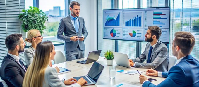 Business meeting in an office with a presentation.